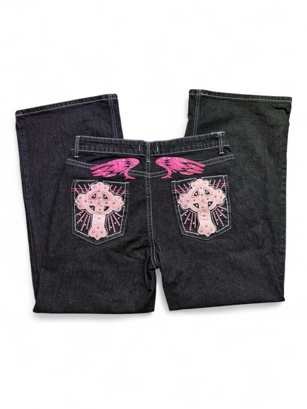 Y2K Grunge Black Flare Jeans with Pink Cross & Wing Embroidery